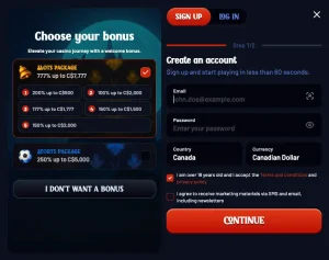 Dracula Casino registration form